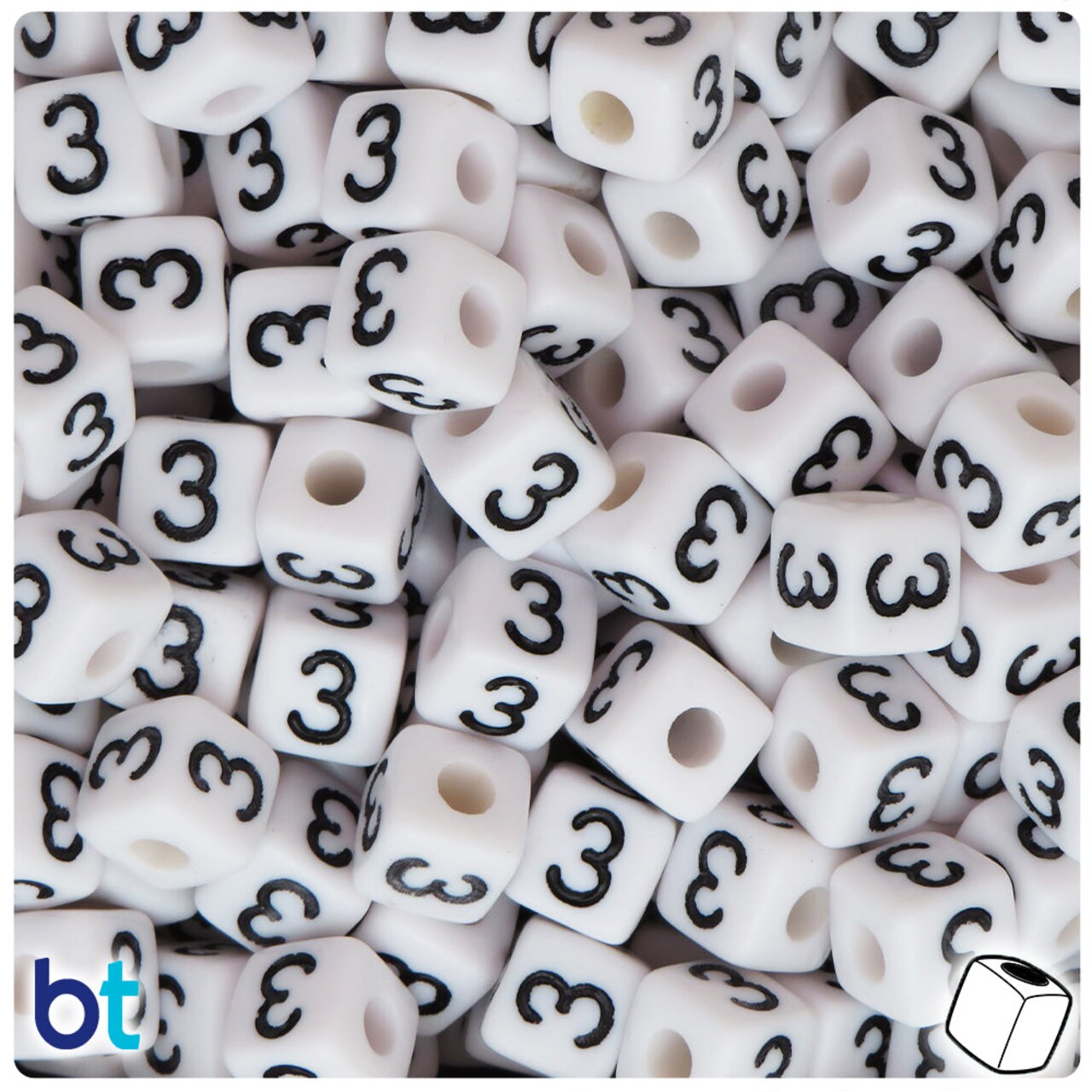 BeadTin White Opaque 10mm Cube Plastic Alpha Beads - Black Number 3 (20pcs)